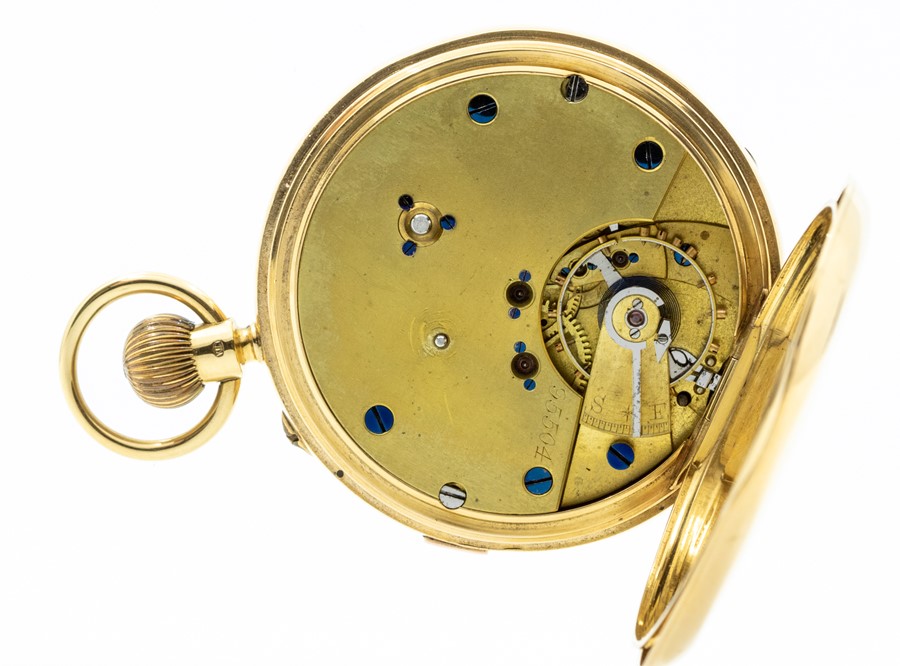 An 18ct gold hunter pocket watch, enamel dial with black Roman numerals and outer seconds track, - Image 3 of 3