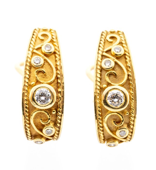 A pair of diamond and 18ct yellow gold fancy hoop earrings, comprising half hoop with overlaid