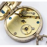 A silver 800 open faced ladies pocket watch, white enamel dial, with painted floral decoration to