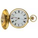 An 18ct gold hunter pocket watch, enamel dial with black Roman numerals and outer seconds track,