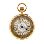 A 14ct gold open faced ladies pocket watch, white dial with gold tone pierced round markers inset