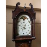 A 19th Century oak eight day longcase clock, swan neck pediment, arched painted dial with lunar