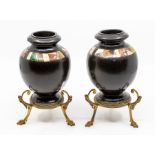 A pair of Victorian Ashford type marble ovoid vases, inlaid with a band of specimen stones, raised