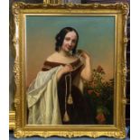 British School, mid 19th Century, portrait of a young lady, half length standing, wearing a velvet