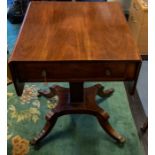 A Regency mahogany drop leaf side table, single drawer and blind drawer to frieze with satinwood