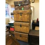 Three large vintage tin steamer trunks, and two suitcases (5)