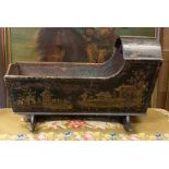 An 18th/19th black Japanned Chinoiserie oak cradle, curved hood, rocker base, approx cm high x