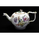 A Dresden bullet shaped teapot, the body painted with bouquets of flowers and floral sprigs, the