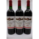 Three bottles of chateau croizet bages, grand cru classe en 1885 pauillac 1996, all bottles at