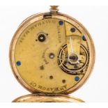 A yellow metal Waltham ladies open faced pocket watch, gold tone dial, with painted black Roman
