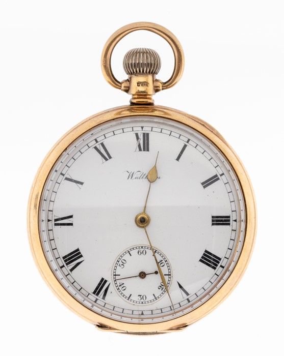 A 9ct gold Waltham open faced pocket watch, white enamel dial, black Roman numeral markers, outer - Image 2 of 2