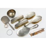 A collection of silver to include a dressing table sets, machine engraved pattern to  mirror, x2