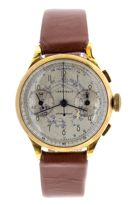 A gents Lebois & Co 18ct gold chronograph automatic wristwatch, round silvered dial, duel subsidiary