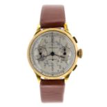 A gents Lebois & Co 18ct gold chronograph automatic wristwatch, round silvered dial, duel subsidiary