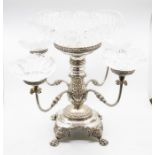 A 19th century silver-plated four branch table centrepiece, the central column cast with acanthus