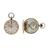 A silver open faced pocket watch, silvered dial with applied gold tone Roman numerals, outer seconds