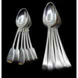 Six George III silver Old English pattern table spoons, engraved with initials, various dates and
