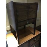 A George III mahogany tray top bedside pot cupboard, strung door, drawer below, width 50cm