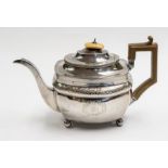A George III silver large teapot, oblong bright cut engraved with greek key, squiggle work and acorn