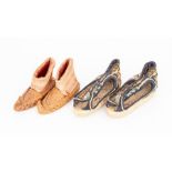 A pair of woven colourful oriental babies shoes, curled and pointed toe, leather soles, ankle
