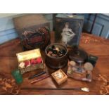Vintage games, tins, pens and similar, to include a turned wooden lidded vessel containing black