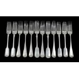 A group of twelve 19th Century silver dessert forks, 6 x OEP and 6 x Fiddle pattern, various dates