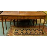 An Edwardian burr walnut side table / sideboard, rectangular top with chequerboard satinwood and