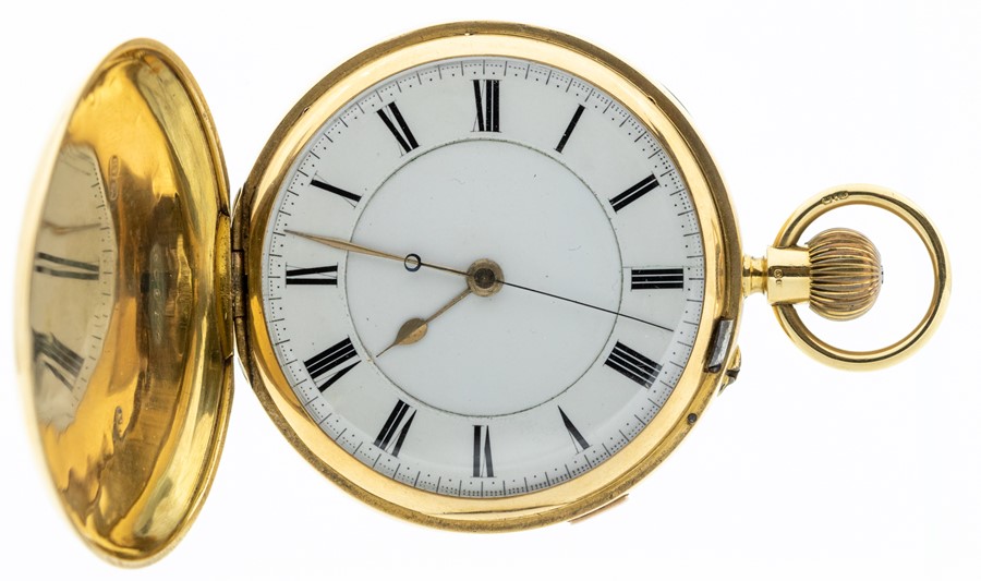 An 18ct gold hunter pocket watch, enamel dial with black Roman numerals and outer seconds track, - Image 2 of 3