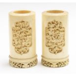 A pair of Chinese possibly Canton, late 19th Century ivory brush pots, with carved sections in