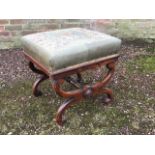 A mid Victorian rosewood X framed stool, circa 1850, woolwork upholstered, 50cm by 50cm