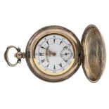 An unusual white metal 800 hunter pocket watch, white enamel dial with painted floral decoration, by