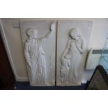 A pair of marble plaques, 20th Century, depicting biblical figures, one depicting Mary and Jesus,