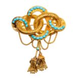 A Victorian Etruscan revival love knot 15ct gold and turquoise brooch, comprising interlocking loops