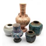 A group of earthenware to include: an Iznik style blue and white pottern vase; a large lustre vase