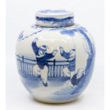 A 19th century, Chinese, blue and white ginger jar and cover, painted in blue with figures before