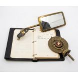 Vintage brass car wing mirror, Royal Automobile Club car mascot, vintage Ford manual for car