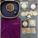 Collection of Commemorative Crowns and £5 coins, 1974 Dollar with other coins and a brass & bronze