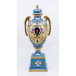 Single blue ground Noritaki lidded urn vase, gilt handles and detail