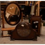 Hand made pine and mahogany toilet mirror, mahogany smokers cabinet, mid 20th Century mantle