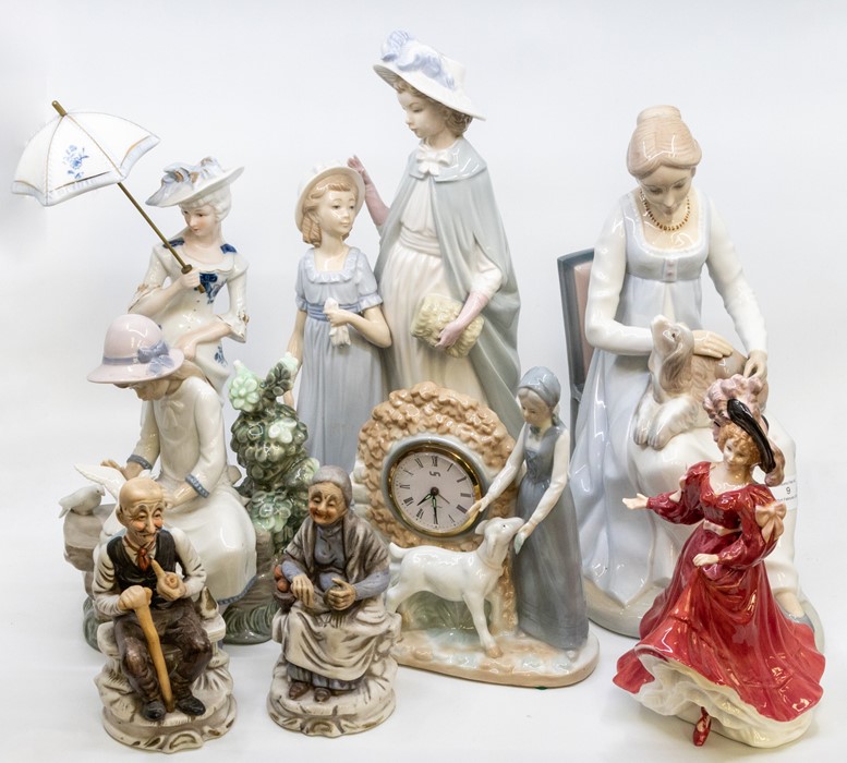 Two Nao figures; two Spanish figures including a clock; Royal Doulton lady; Continental lady, and