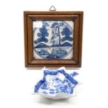 Early 19th Century pickle dish, blue and white Willow pattern, along with 19th Century Delft tile (
