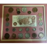 Framed coins, includes 1992 proof set with other put together sets containing pre 47, Bank of