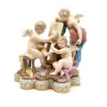 Early 20th Century Meissen figure group of three putti painting another on canvas on an easel