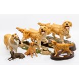 Two Royal Doulton dogs, John Beswick dog and three small resin dogs, six in total