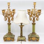 A pair of candlestick garnitures, green onyx, along with a table lamp *** Provenance: from the