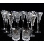 10 large Waterford crystal champagne flutes, with two Waterford crystal tumblers, no chips or