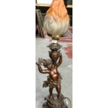 Spelter cherub lamp base with original flame light defuser  74cm high 22cm base.