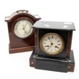A Victorian slate mantel clock; and a 1930s mahogany mantel clock (2)