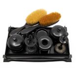 Early 20th Century ebony complete dressing table set, including brushes, pots, hand mirror, manicure