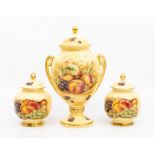 Aynsley Orchard Gold lidded urns/pots, with fruit detail